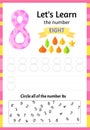 Children`s game let`s learn the number eight. Cartoon style. Vector illustration