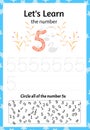Children`s game let`s learn the number five. Cartoon style. Vector illustration