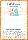 Children`s game let`s learn the number nine. Cartoon style. Vector illustration