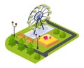 Children`s game park of attractions and entertainments, with adjacent landscape.