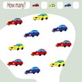 Children`s game search in a cartoon style. Collection of children learning. Count how many items and write down the result.