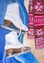 Children`s gouache drawing Skates and a winter scarf