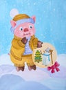 Children`s gouache drawing `2019 year of the pig`