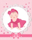 Children\'s greeting card with a cute baby girl on a lace template with a bow and hearts. Newborn design Royalty Free Stock Photo