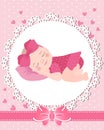 Children\'s greeting card with a cute baby girl on a lace template with a bow and hearts. Newborn design Royalty Free Stock Photo