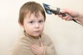 Children`s haircut at home. A little blue-eyed child is looking into the frame. Adult hand holds a hair clipper Royalty Free Stock Photo