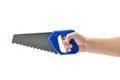 Children's hand holding a saw, isolated on a white background Royalty Free Stock Photo