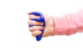 Children`s hand squeezes blue slime. Girl holding mucus in his fist
