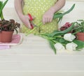 Children`s hands collect a bouquet as a gift. A gift for mom. Royalty Free Stock Photo