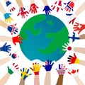 Children\'s hands in the colors of the world flags that are oriented towards the globe Royalty Free Stock Photo