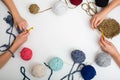 Children& x27;s hands are crocheted and thread. View from above Royalty Free Stock Photo