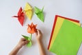 Children`s hands do origami from colored paper on white background. lesson of origami Royalty Free Stock Photo