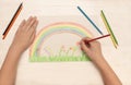 Children`s hands draw a rainbow, flowers, the second stage, a happy childhood, quarantined child, pencils, family, art