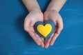 Children\'s hands hold a yellow and blue heart. The concept of Ukrainian patriotism, love for Ukraine.