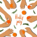 Children s hands keeping tangerines. Vector illustration
