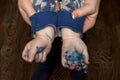 The children`s hands, painted with a marker, are close-up. selective focus. concept of children`s creativity, naughty children, Royalty Free Stock Photo