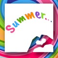 Children`s hands in the shape of heart and text Summer on a colorful abstract background Creative modern youth concept of posters
