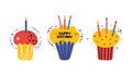 Children's happy birthday colorful horizontal banner. Bday cake with candles. Cupcake, muffin. Holiday greeting