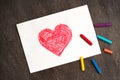 children\'s heart drawing on white paper with pencils, happy mother\'s day background, love and family concept Royalty Free Stock Photo