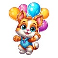 Children\'s holiday drawing with a cat, a dog with balloons in his hand. Royalty Free Stock Photo