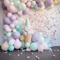 Children\'s holiday, the first cake and balloons and ice cream in pastel colors, background decor of a children\'s party Royalty Free Stock Photo