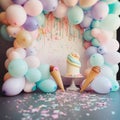 Children\'s holiday, the first cake and balloons and ice cream in pastel colors, background decor of a children\'s party Royalty Free Stock Photo