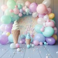 Children\'s holiday, the first cake and balloons and ice cream in pastel colors, background decor of a children\'s party Royalty Free Stock Photo