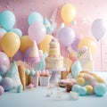 Children\'s holiday, the first cake and balloons and ice cream in pastel colors, background decor of a children\'s party Royalty Free Stock Photo