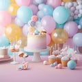 Children\'s holiday, the first cake and balloons and ice cream in pastel colors, background decor of a children\'s party Royalty Free Stock Photo