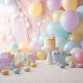 Children\'s holiday, the first cake and balloons and ice cream in pastel colors, background decor of a children\'s party Royalty Free Stock Photo