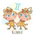 Children`s horoscope icon. Zodiac for kids. Gemini sign . Vector. Astrological symbol as cartoon character.