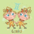 Children`s horoscope icon. Zodiac for kids. Gemini sign . Vector. Astrological symbol as cartoon character Royalty Free Stock Photo