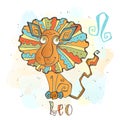 Children`s horoscope icon. Zodiac for kids. Leo sign . Vector. Astrological symbol as cartoon character.