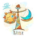 Children`s horoscope icon. Zodiac for kids. Libra sign . Vector. Astrological symbol as cartoon character.