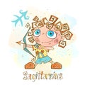 Children`s horoscope icon. Zodiac for kids. Sagittarius sign . Vector. Astrological symbol as cartoon character. Royalty Free Stock Photo