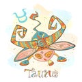 Children`s horoscope icon. Zodiac for kids. Taurus sign . Vector. Astrological symbol as cartoon character.