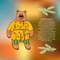 Children`s illustration of a bear, a Character of Russian folk tales. Animated bear in folk clothes for printing on t