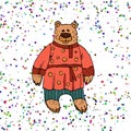 Children`s illustration of a bear, a Character of Russian folk tales. Animated bear in folk clothes for printing on t