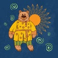 Children`s illustration of a bear, a Character of Russian folk tales. Animated bear in folk clothes for printing on t