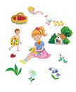 Set Children`s illustration for a book, album, magazine. A girl in the meadow, in the summer.