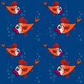 Childrens illustration, design, pattern - a pair of surprised goldfish with big red lips and huge eyes on a background of blue