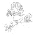 Children`s illustration. Happy girl collects ordinary flowers in bouquet. Made in doodle style, outline