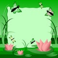 Children's illustration with label for text. Swamp with lotus. Green color