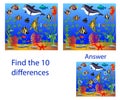 Children`s illustration Visual Puzzle: find ten differences from Dolphin and fish in the sea Royalty Free Stock Photo