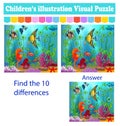 Children`s  Visual Puzzle: find ten differences from the fish in the sea Royalty Free Stock Photo