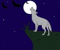 Children`s illustration where a wolf howls at the moon at night Royalty Free Stock Photo