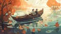 Children's Joy: Boat on Water with Leaf Patterns in Lively Nature Scene, Vray Traditional Landscapes, Generative AI