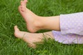 children's legs lying on the grass,children's feet on the grass, the child rests in nature