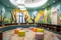 children's library, with colorful murals and reading nooks