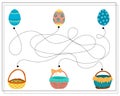 Children's logic game swipe through the dots, go through the maze. Easter eggs and baskets. Vector